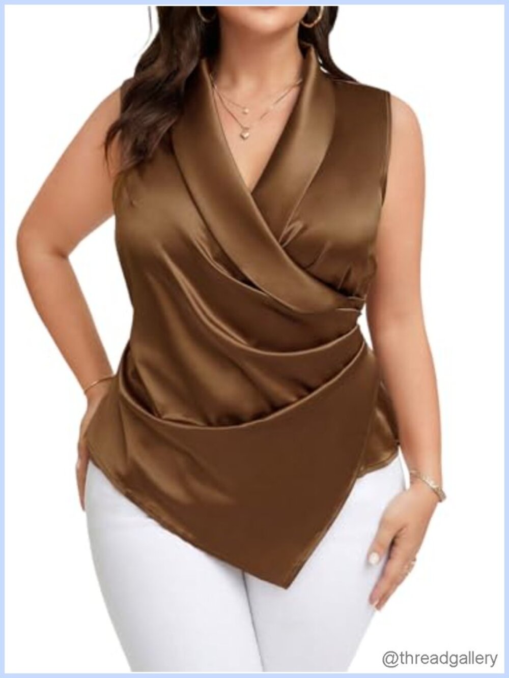 Women's Plus Size Satin Wrap V Neck Sleeveless Blouse Asymmetrical Hem Tank Top